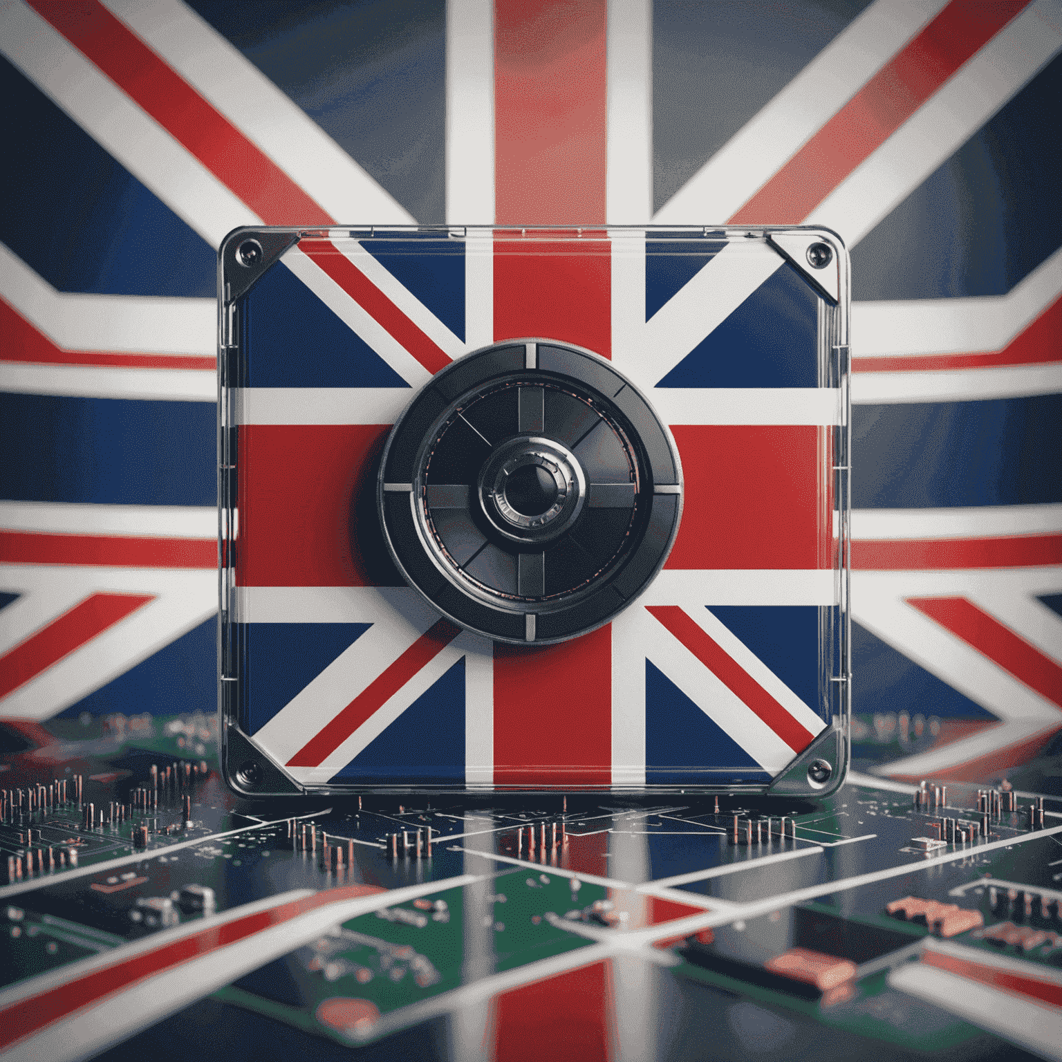 A conceptual image representing the future of quantum computing in the UK, with a quantum computer chip and the Union Jack flag in the background