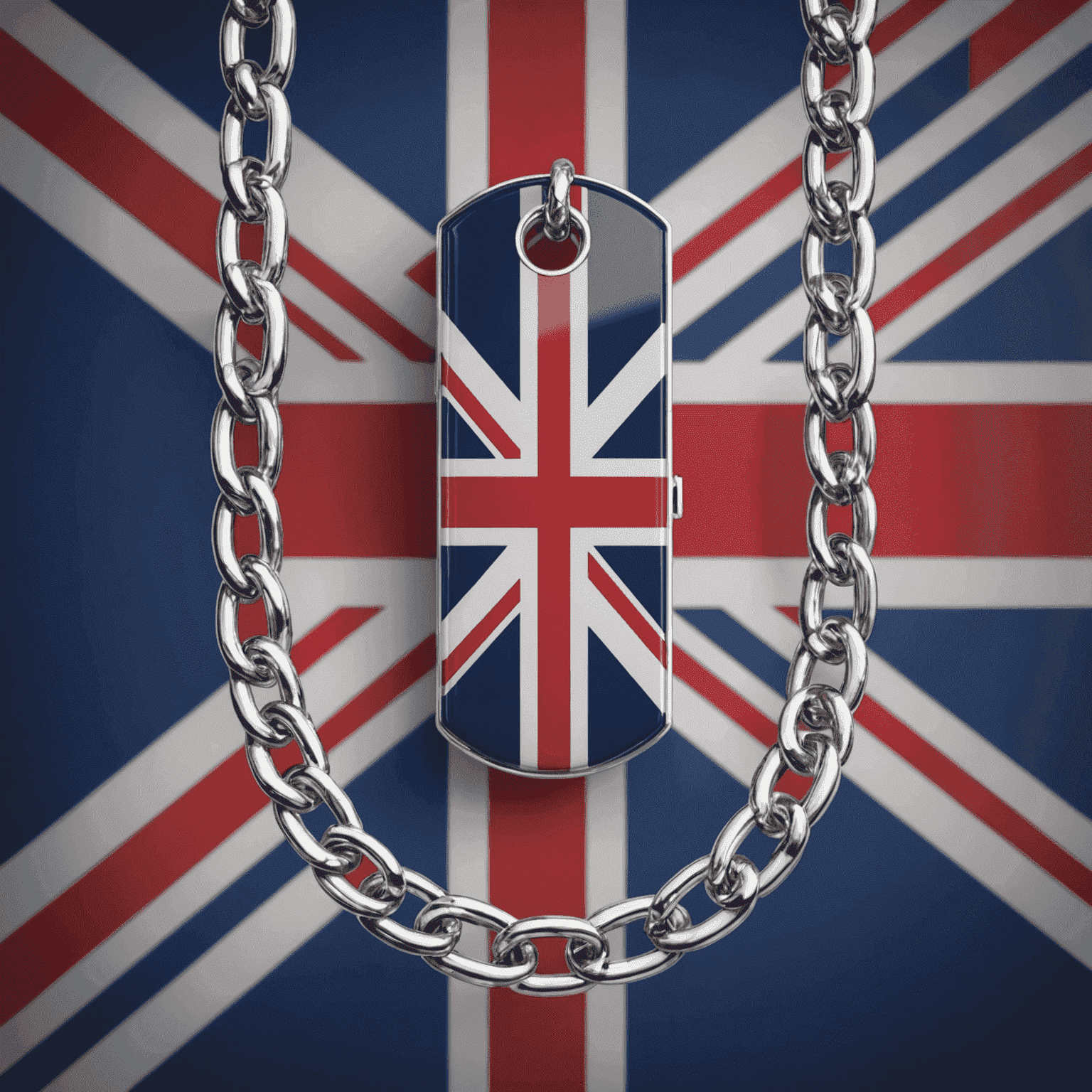 A silver chain representing blockchain technology, with the United Kingdom flag in the background