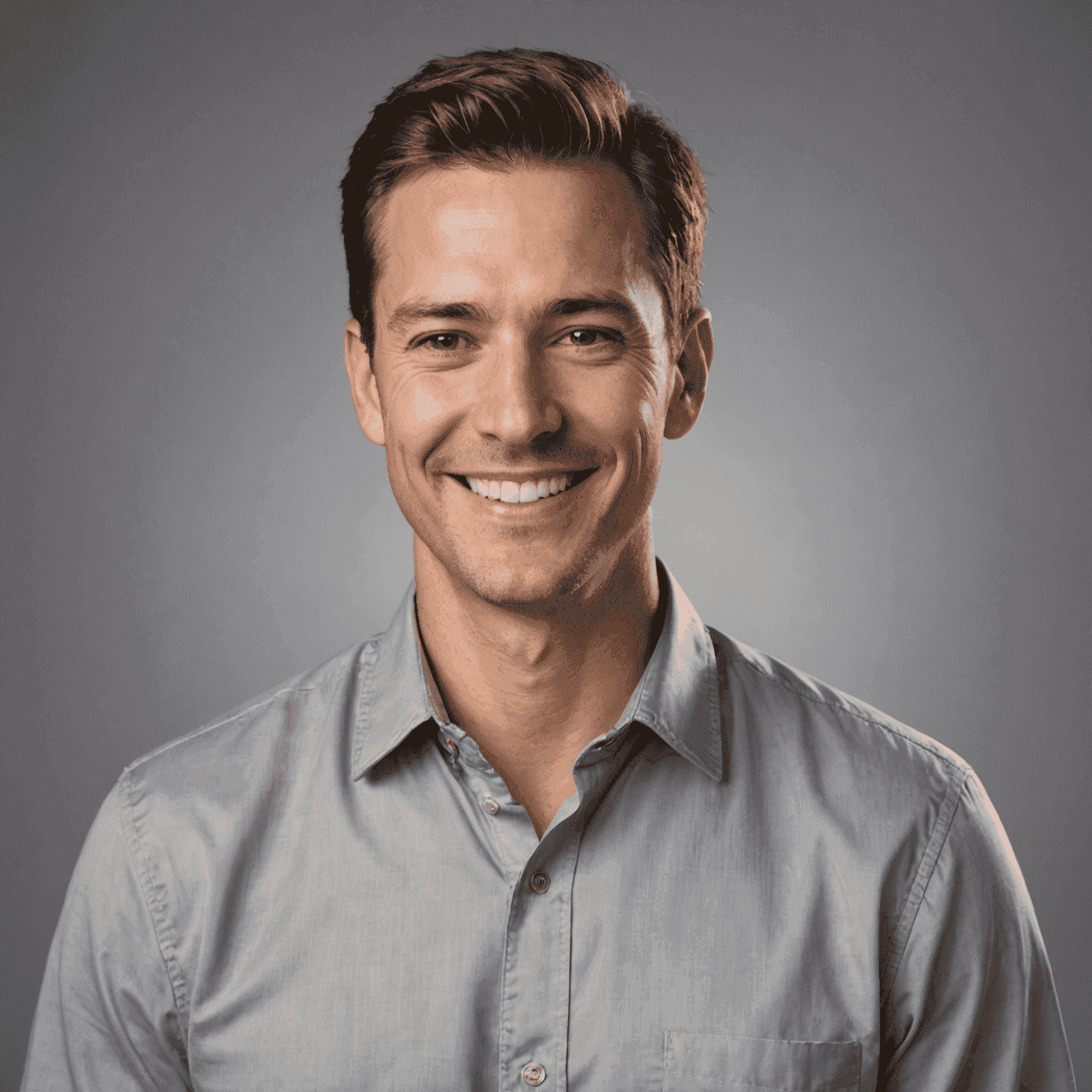 A professional headshot of the first blog author, smiling and wearing a silver-colored shirt