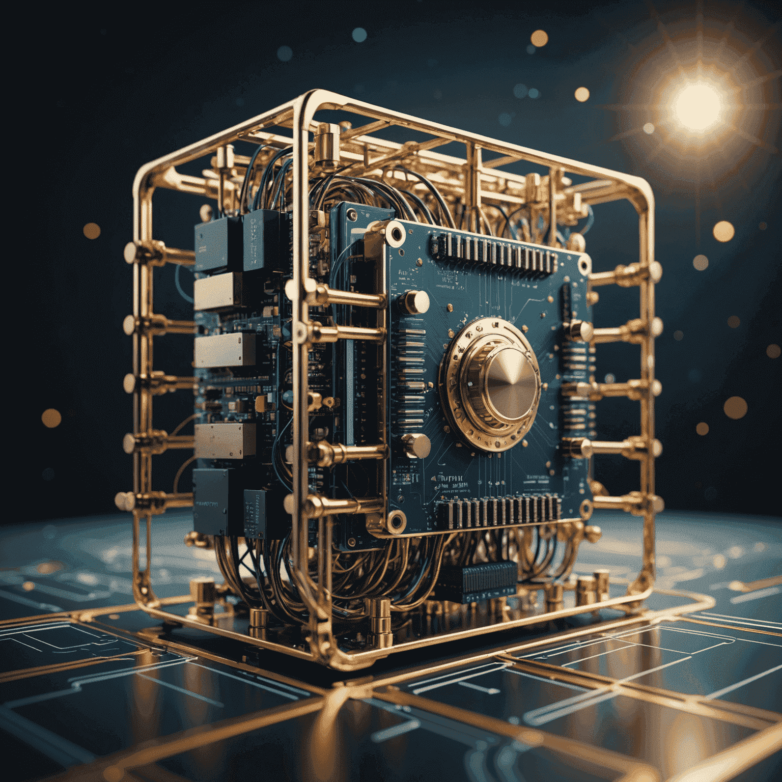 An abstract representation of quantum computing, featuring qubits and quantum circuits, symbolizing the revolutionary potential of this technology in the UK.