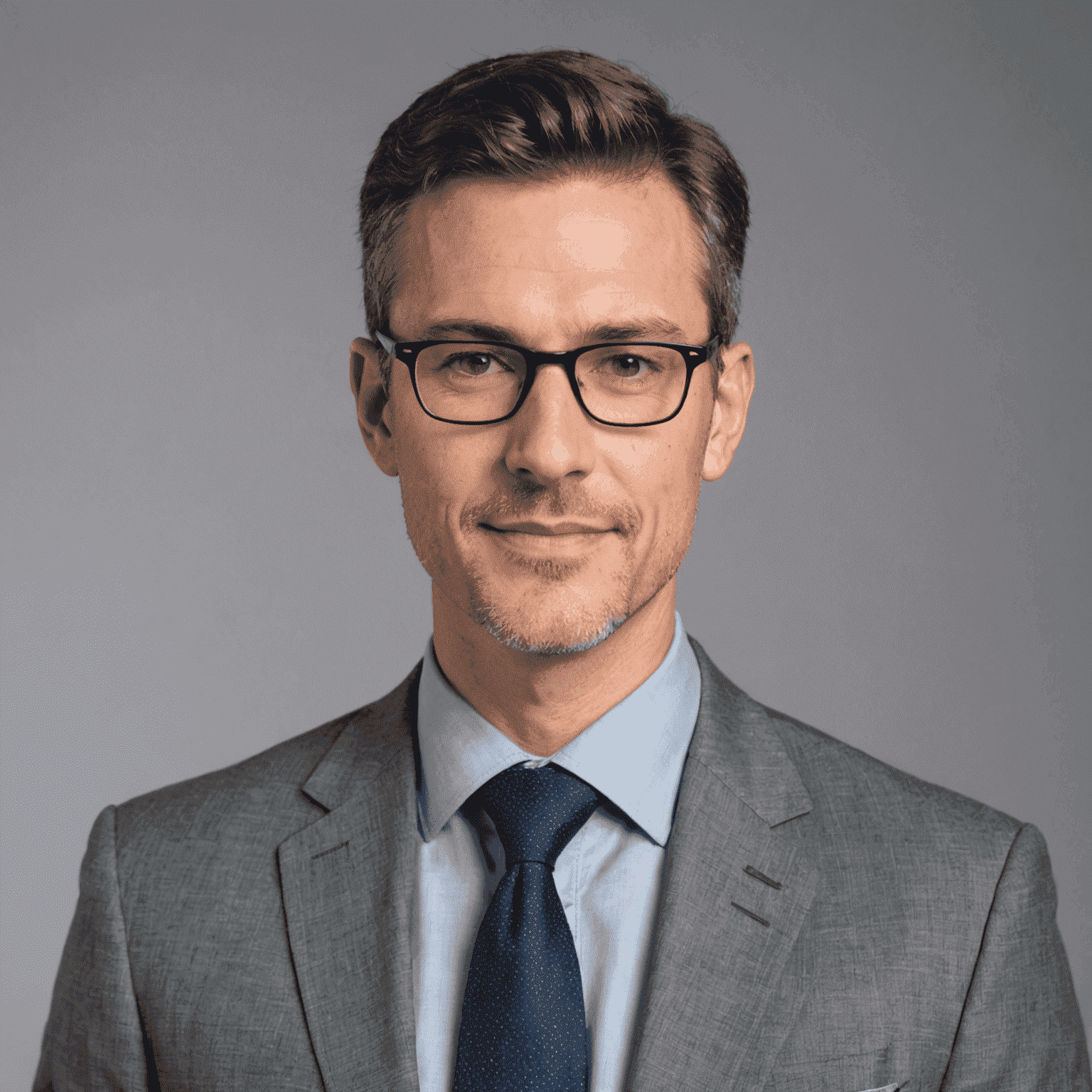 A professional headshot of the second blog author, wearing glasses and a grey suit