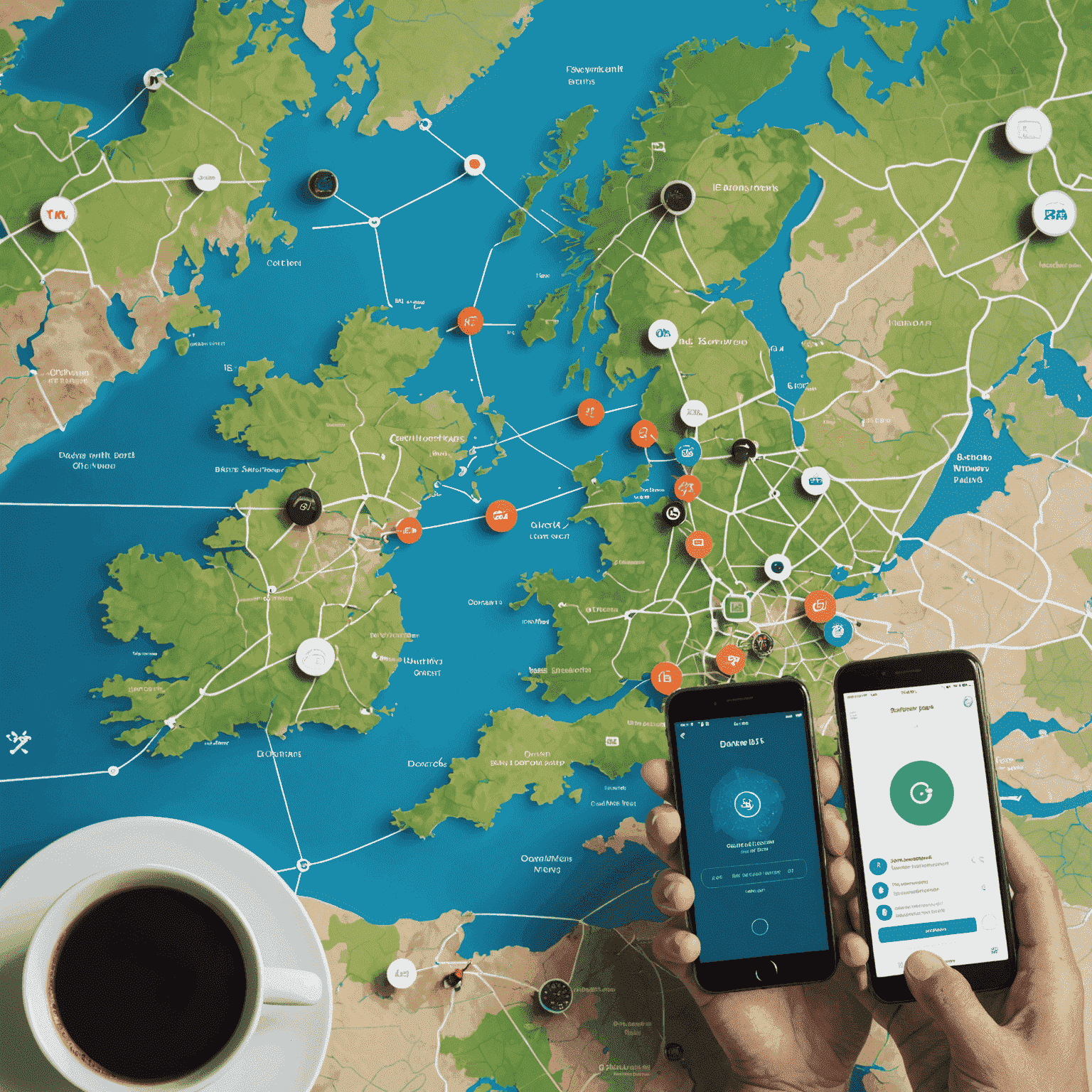 An image showcasing the UK's role in shaping the future of IoT, with various connected devices and the UK map in the background