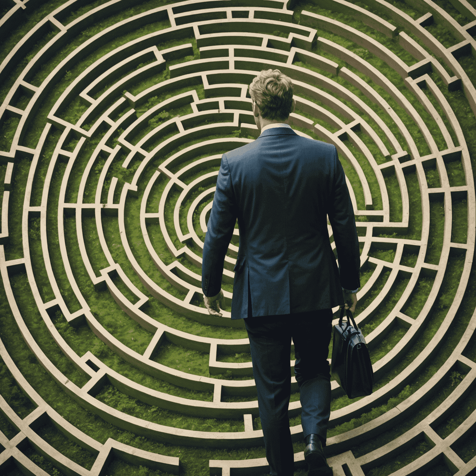 An image illustrating the challenges of digital transformation in the UK, with a businessman navigating through a maze of digital technologies